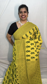 Vriksham Yellow With Green Printed Cotton Mulmul Saree-VS4624